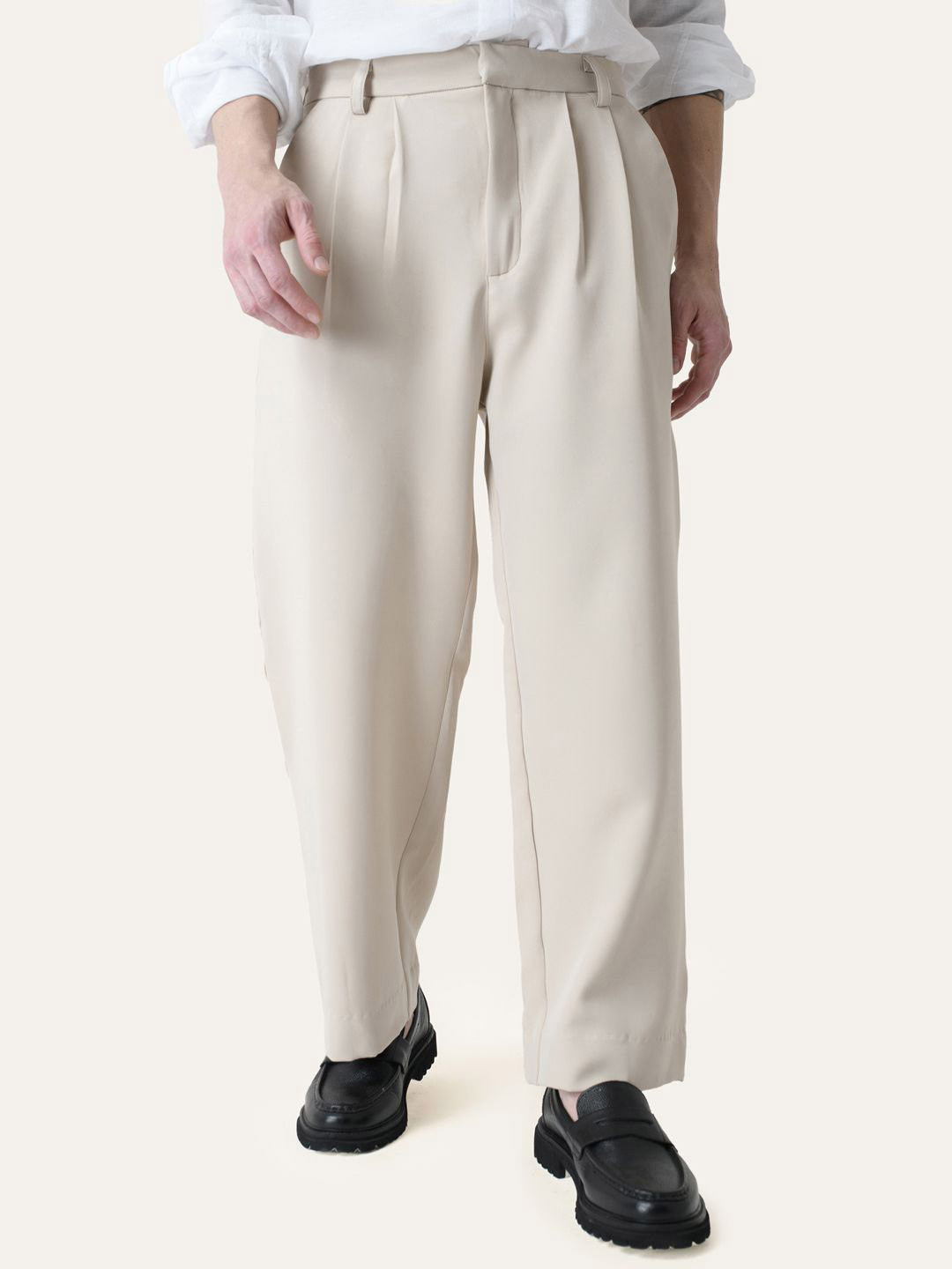 PERCH Men Relaxed Cream Solid Pleated Korean Pants