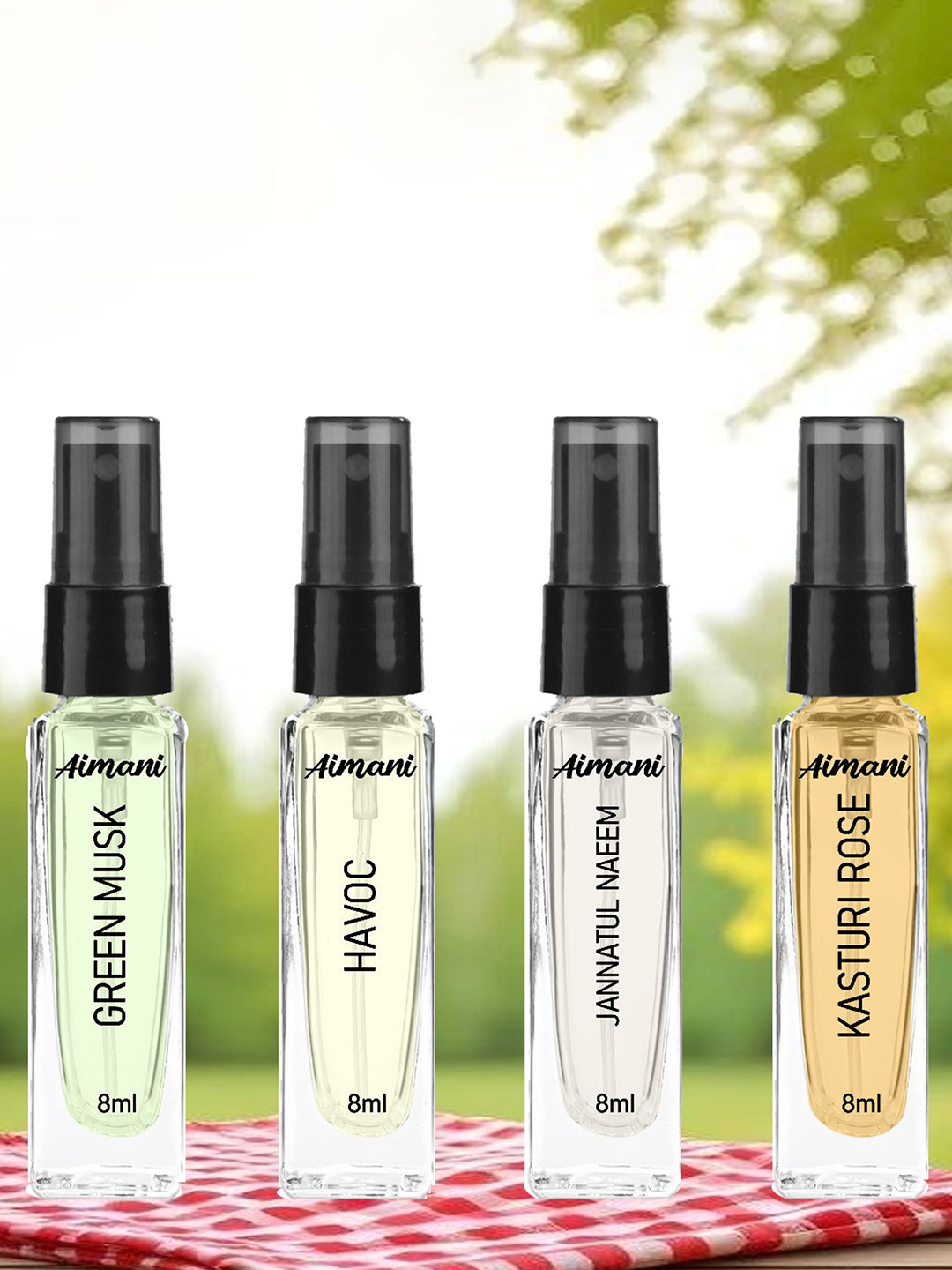 Aimani Set Of 4 Green Musk, Havoc, Jannatul Naeem & Kasturi Rose Perfume - 8 ml Each
