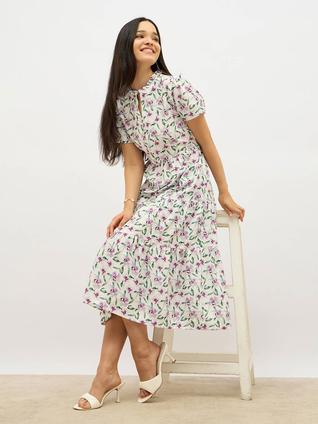 SALT ATTIRE Women Floral Printed Mandarin Collar Tiered Fit & Flare Midi Dress