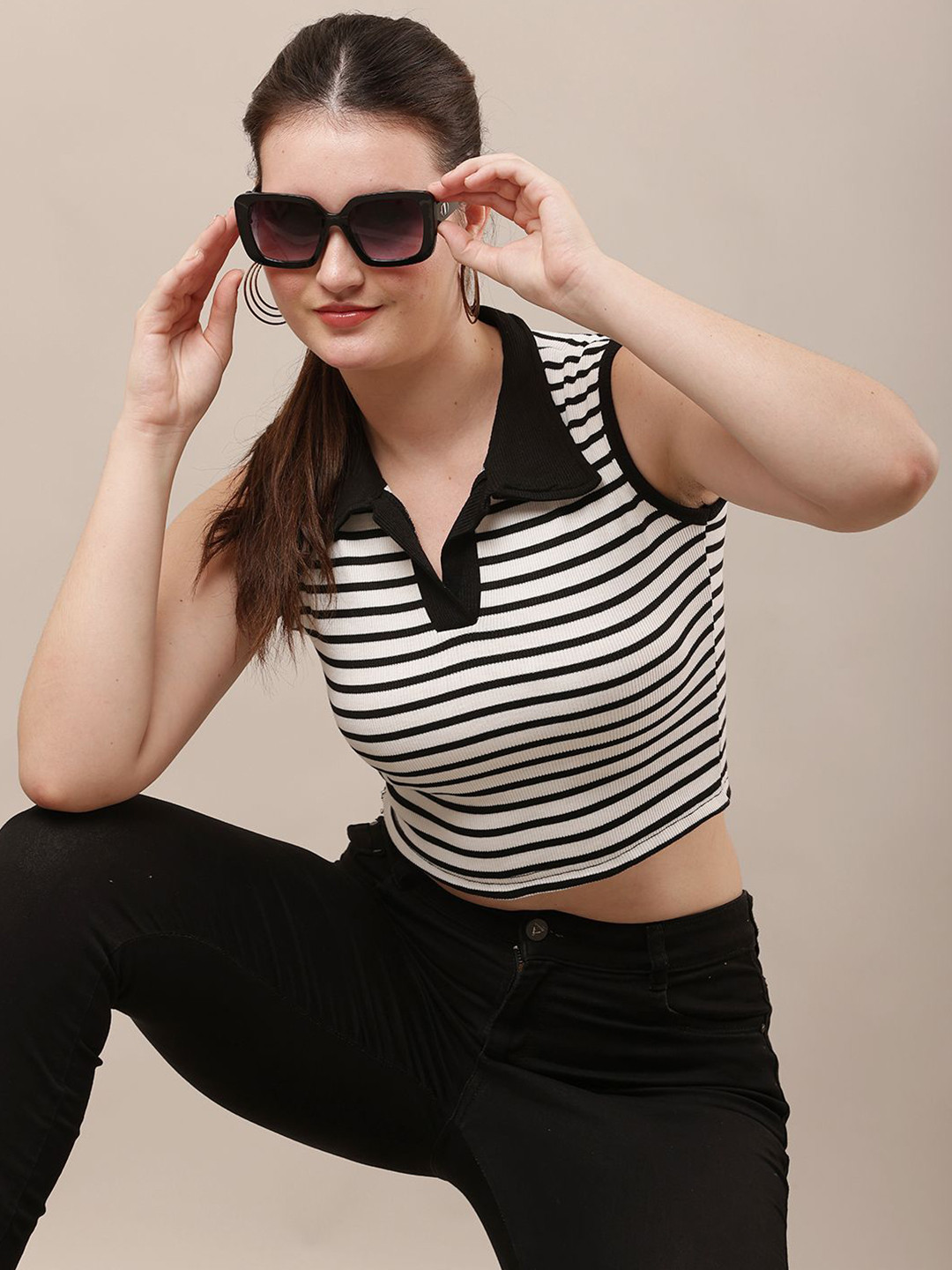 Raabta Fashion Striped Shirt Coller Fitted Crop Top