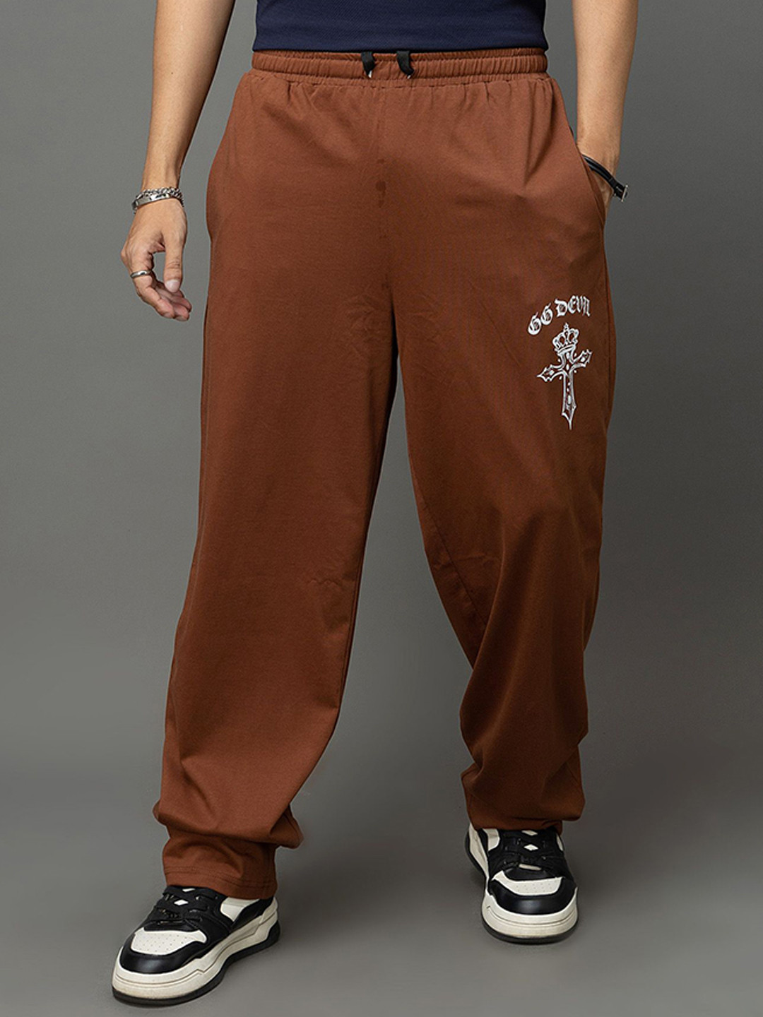 GO DEVIL Men Brown Gothic Cross Printed  Joggers Trousers
