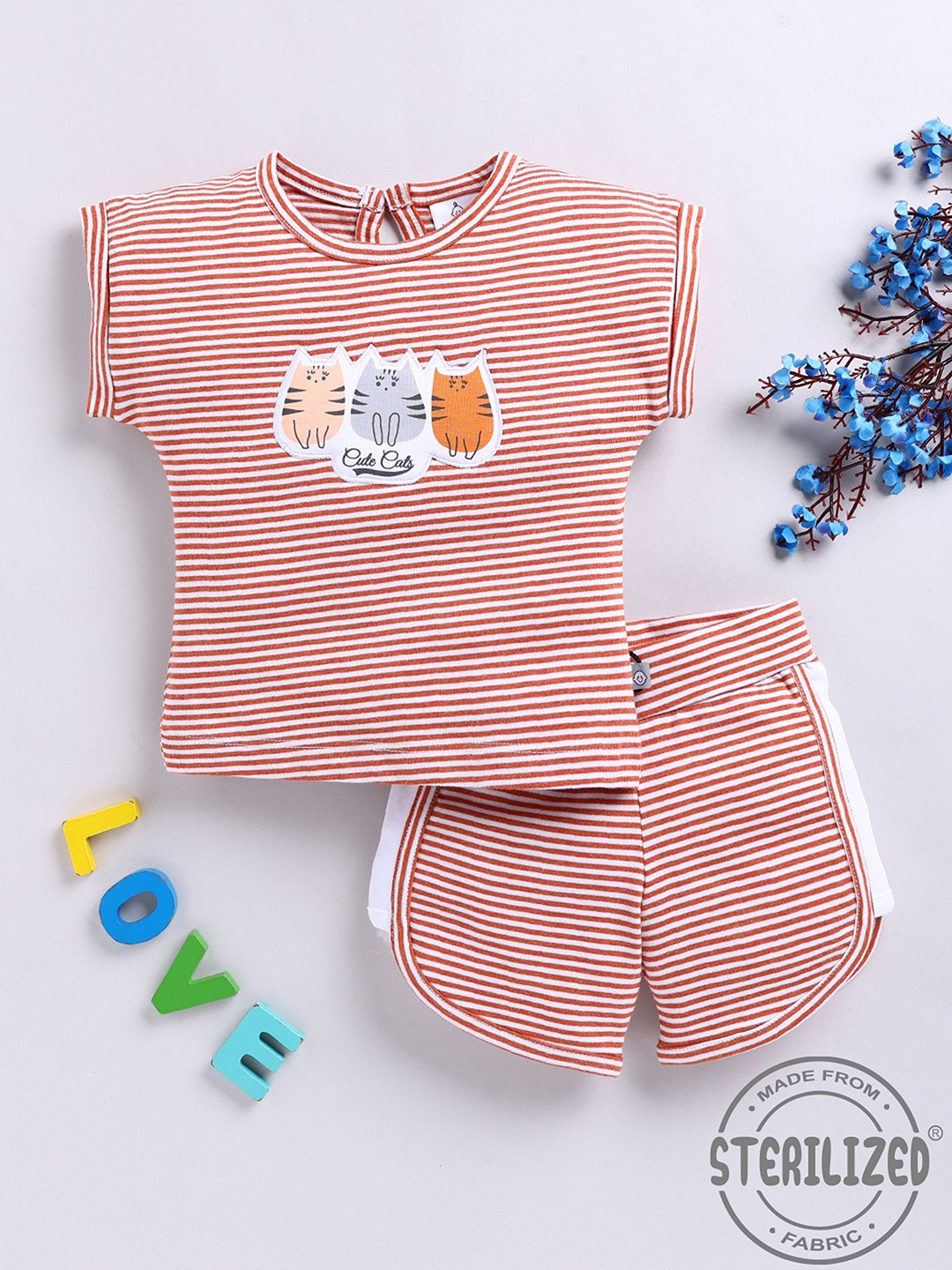 YK X Tinyo Infant Girls Pure Cotton Striped Kitty Face Applique Detail Top & Shorts