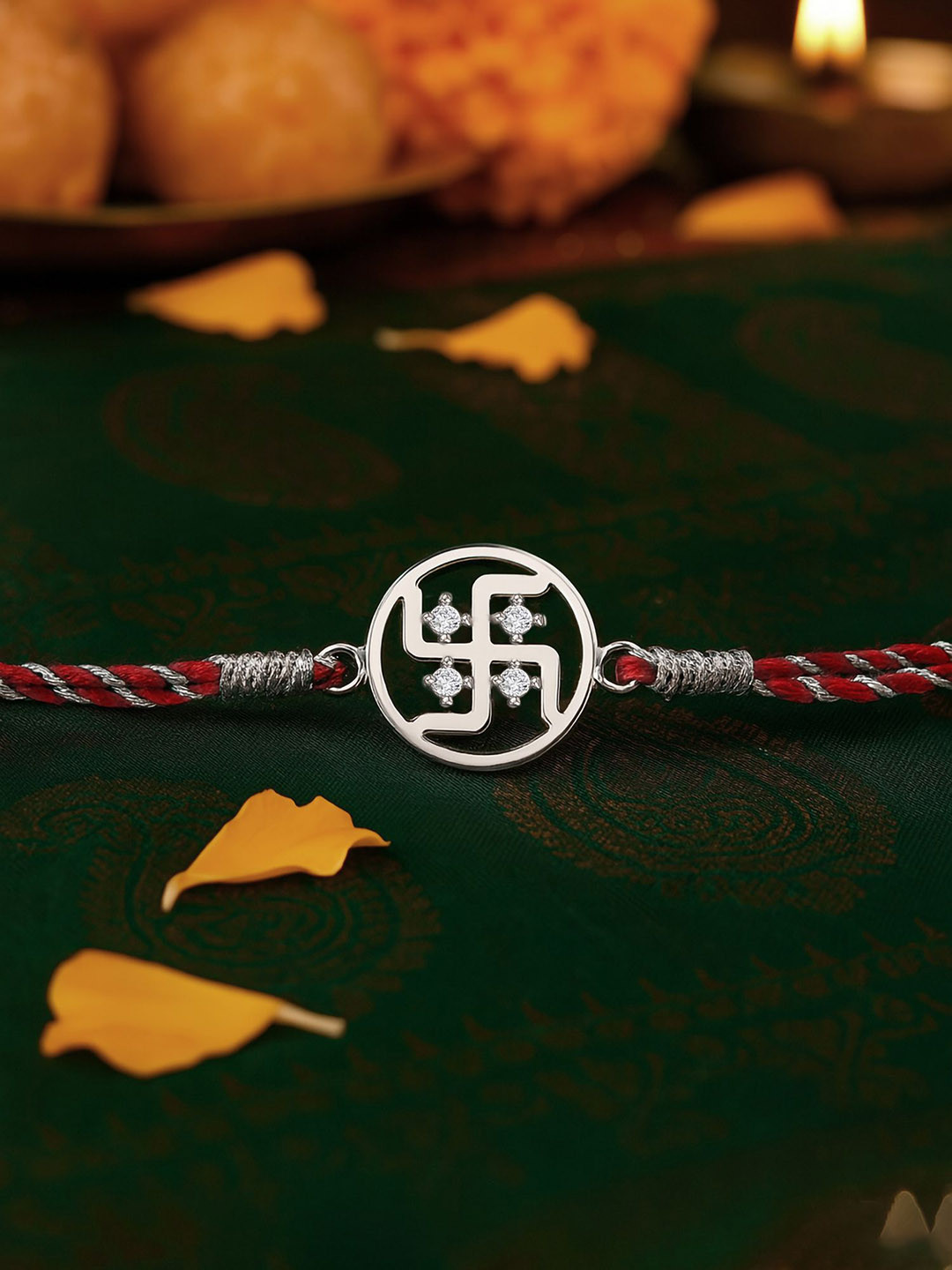 Ornate Jewels 925 Silver American Diamond Blessings Swastik Rakhi With Roli Chawal