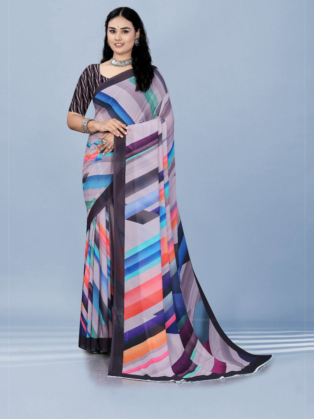 P D Silk Mills Abstract Printed Pure Georgette Saree