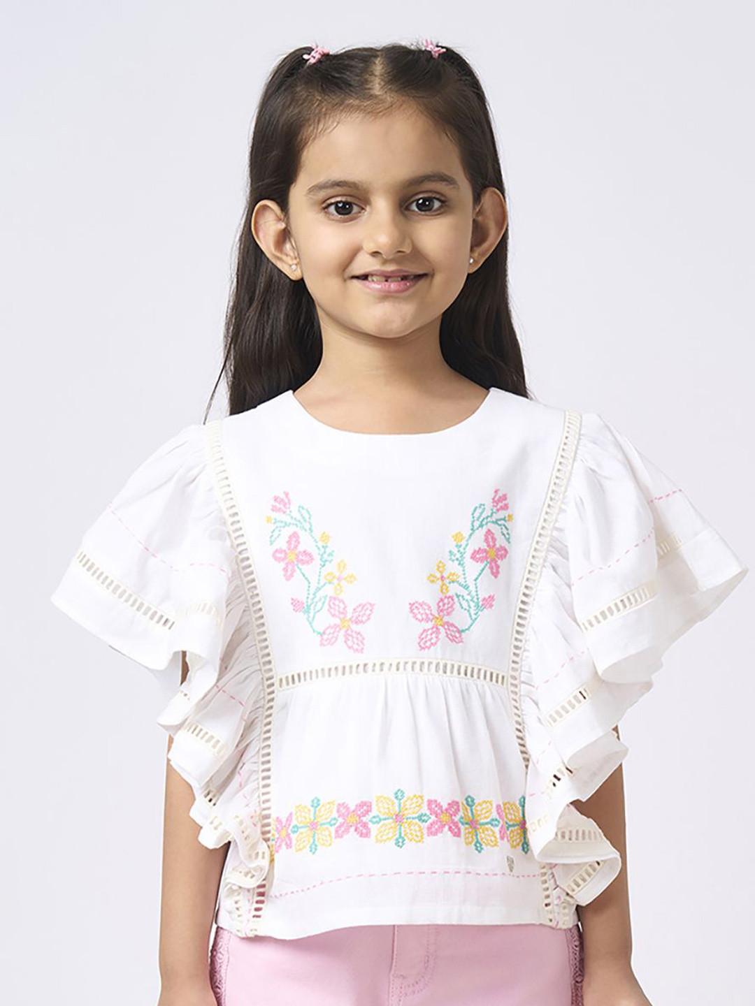 Ed-a-Mamma Girls Ethnic Motifs Embroidered Flutter Sleeve Pure Cotton Kaftan Top