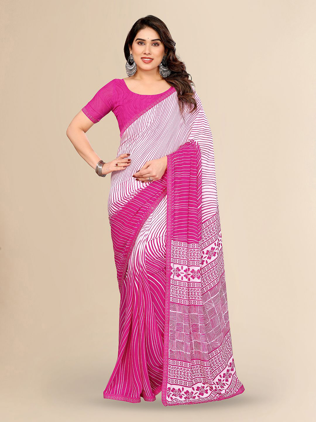 Moda Rapido Abstract Printed Saree With Delicate Lace Finish