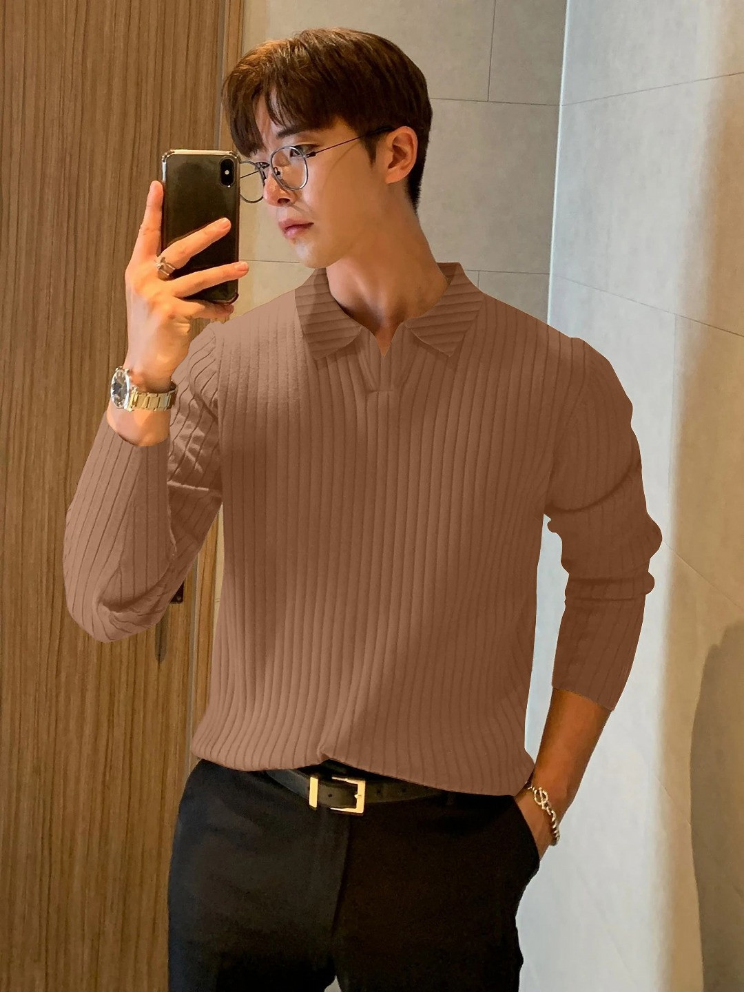 KAJARU Striped Ribbed Polo Collar Long Sleeves T-Shirt