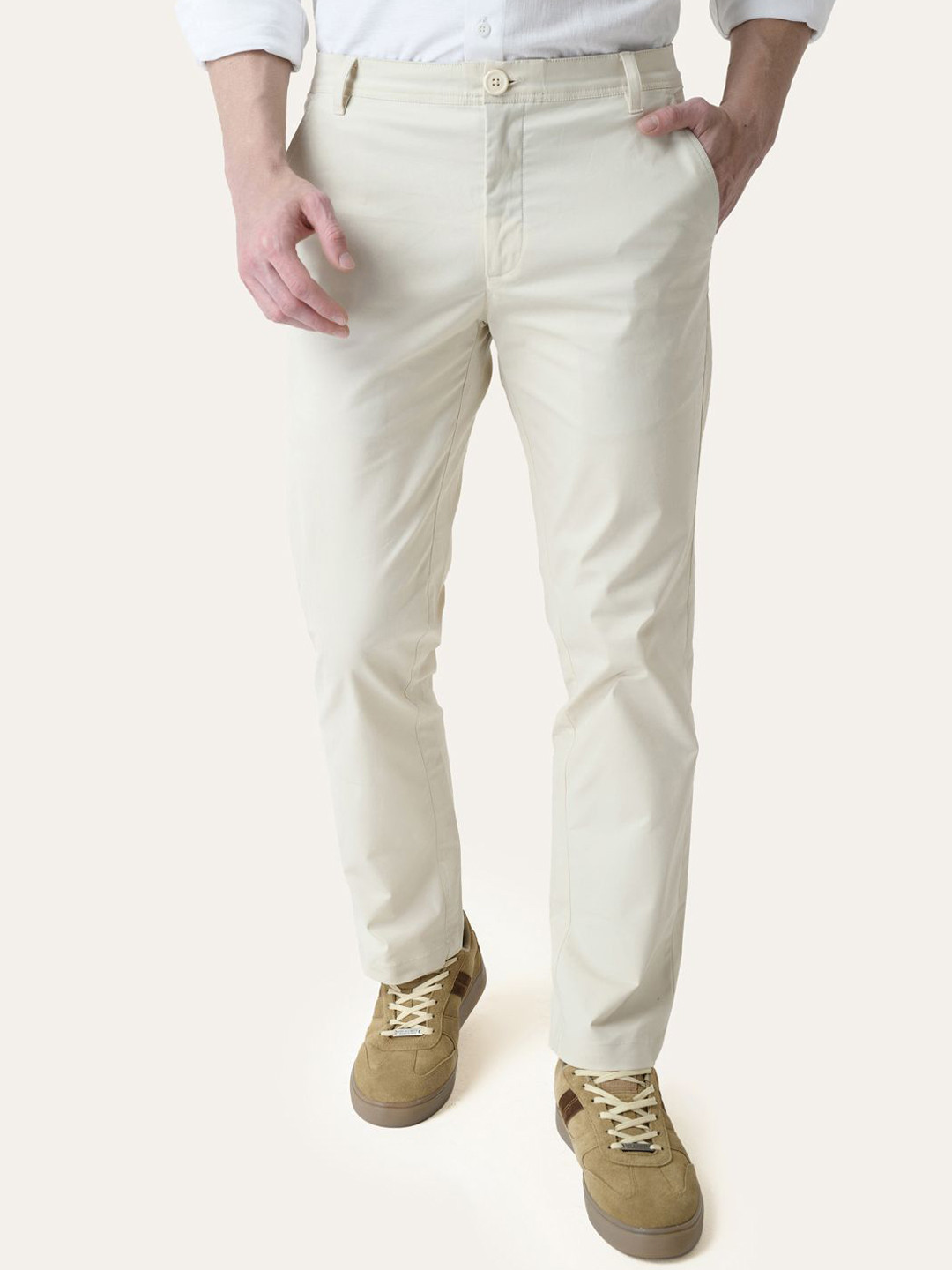 PERCH Cream Solid Slim Fit Chinos