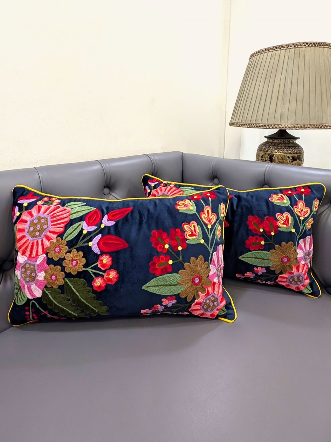 Good Vibes Set Of 2 Navy Blue & Green Embroidered Rectangle Cushion Covers