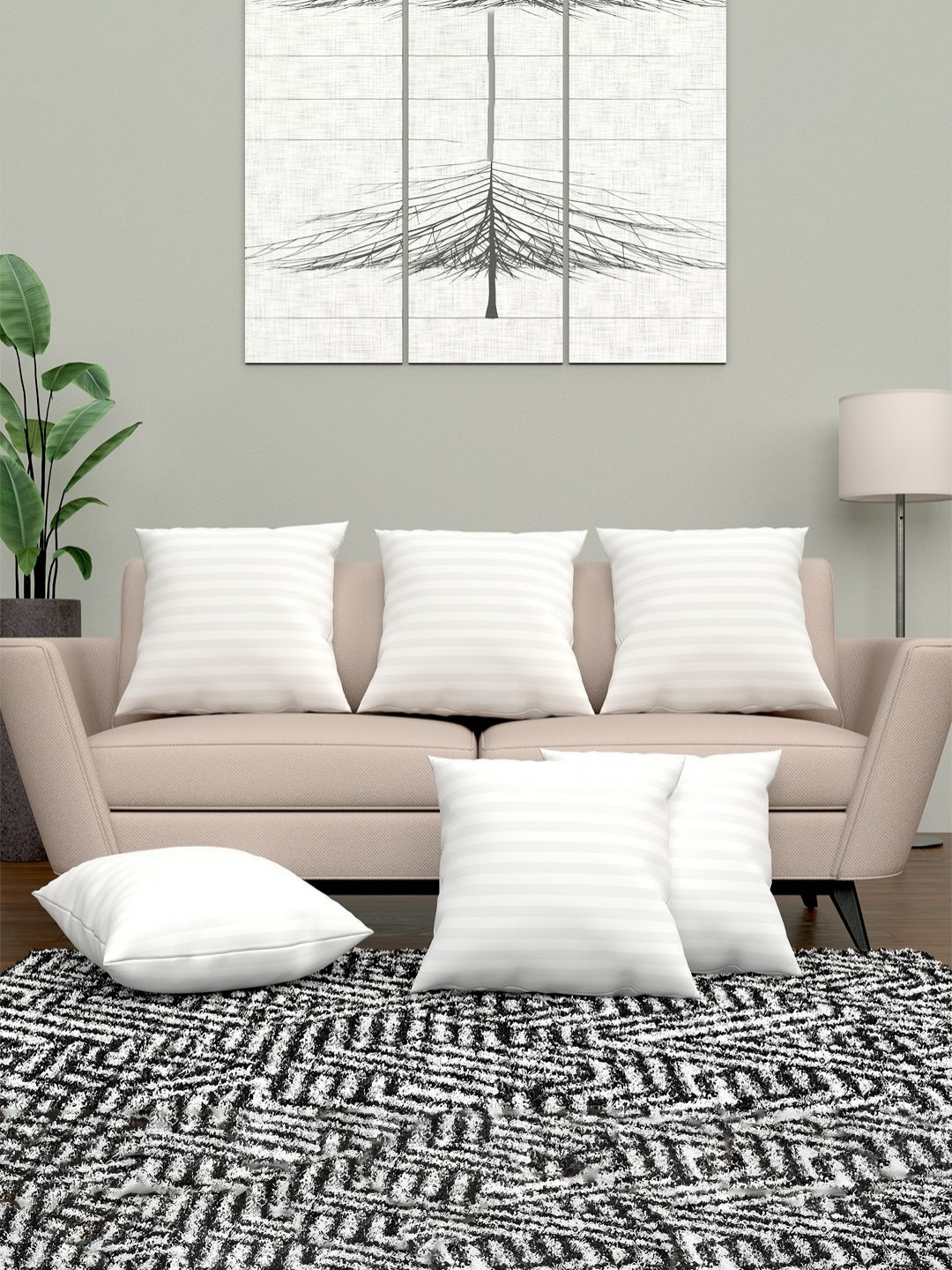 Aura White 6-Pcs Striped Microfiber Cushion Pillow Filler