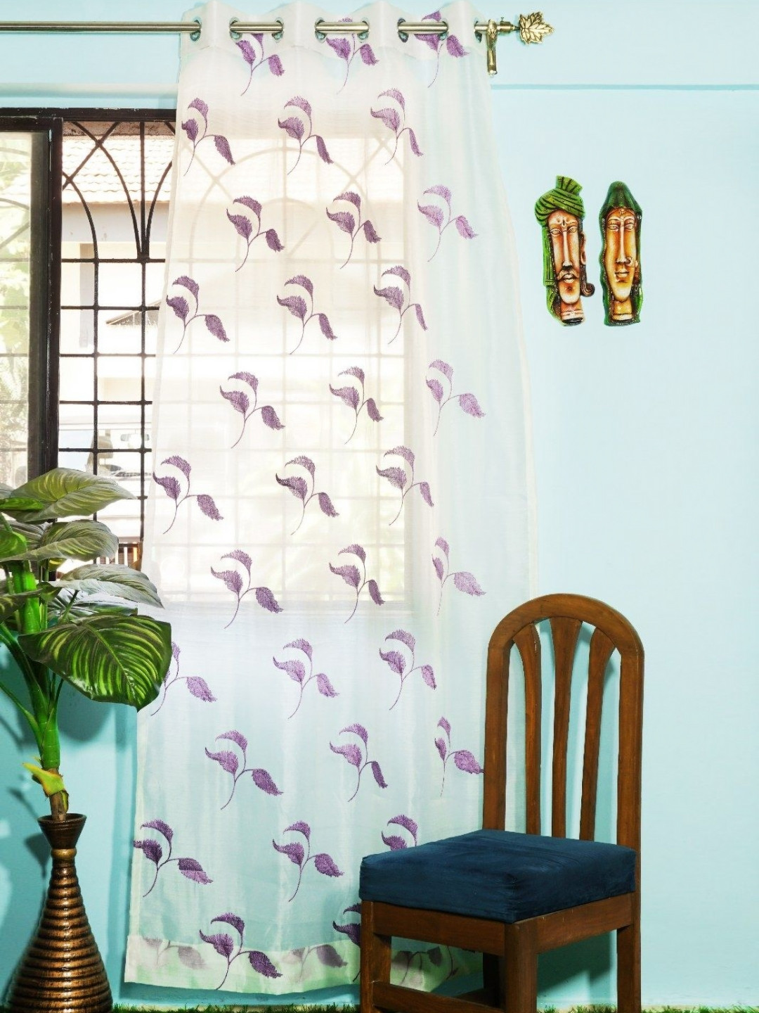 Parda Online White & Purple Embroidered Sheer Window Curtain