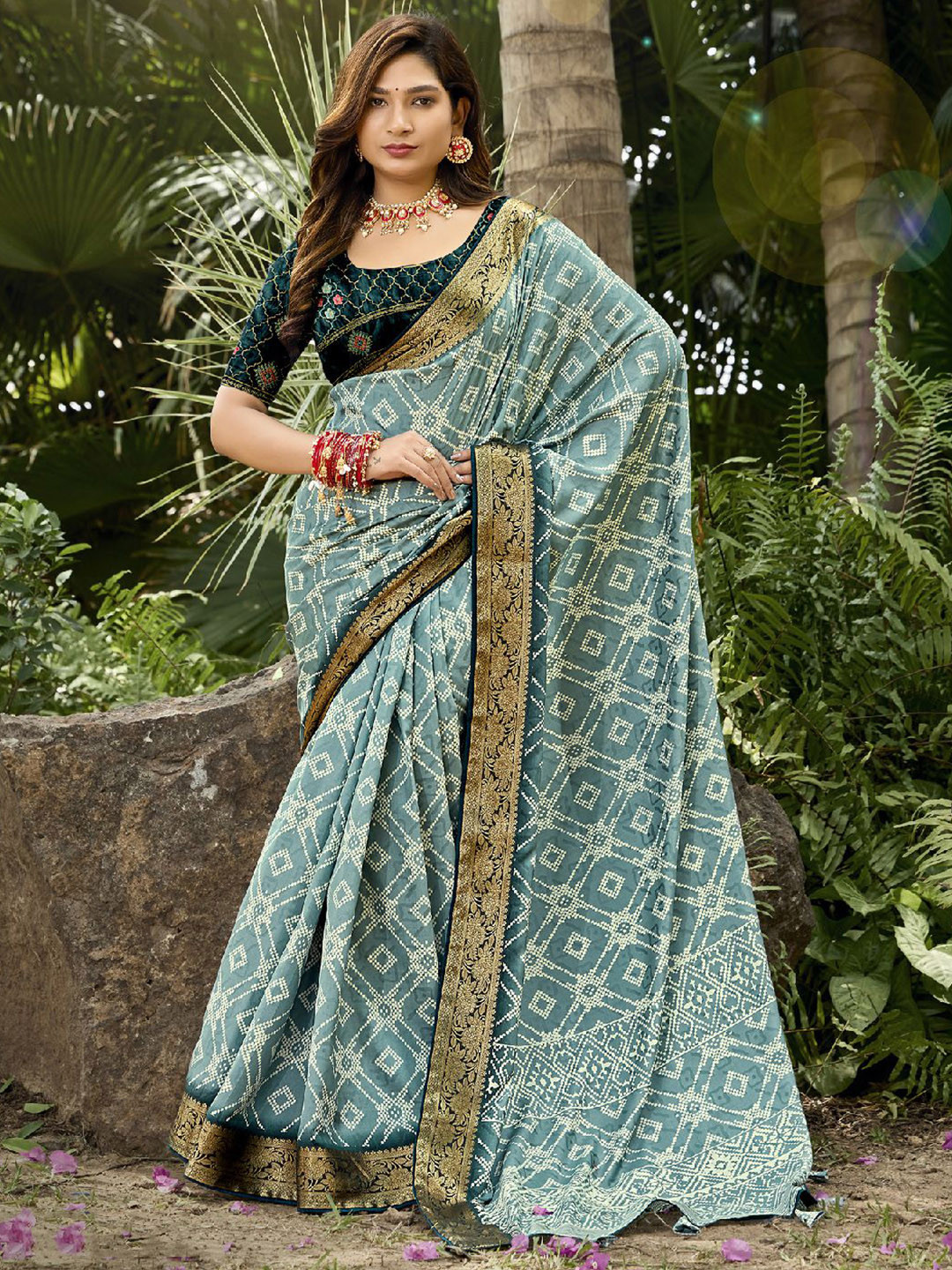 KALINI Printed Zari Saree With Jacquard Weaving And Embroidered Blouse Piece