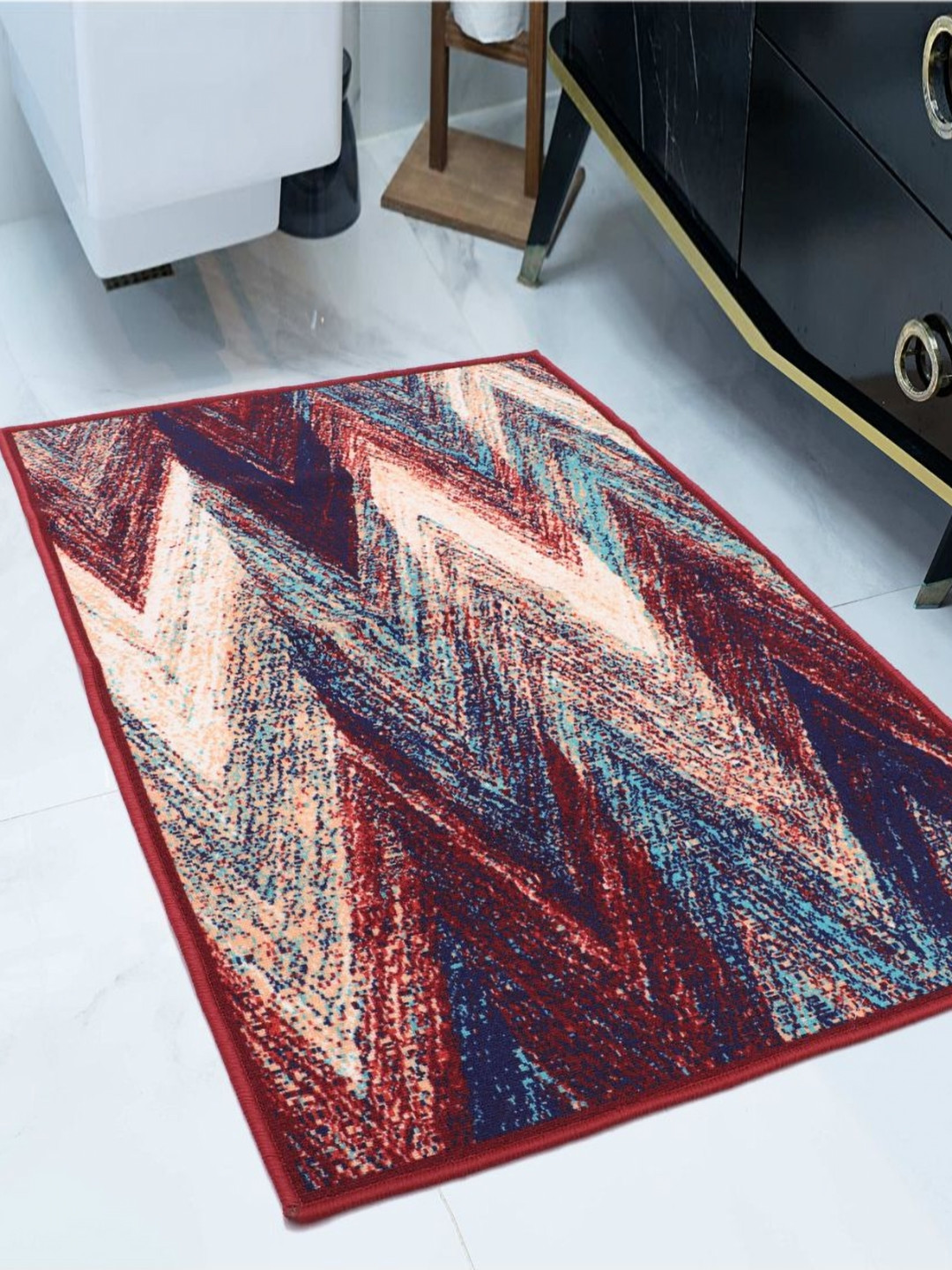 MODEFE Maroon & Navy Blue Abstract Anti-Skid Light Carpet