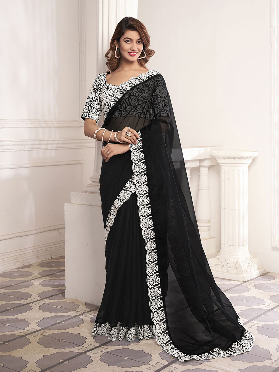 Inddus Thread Scalloped Embroidered Organza Saree with Embroidered Blouse Piece