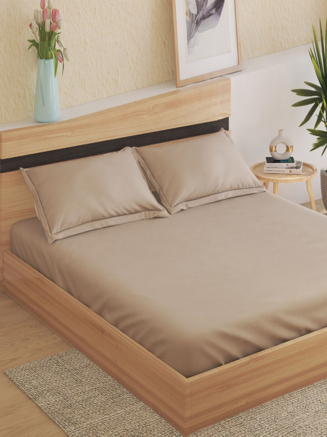 Home Centre Zepher Brown Cotton 300 TC King Bedsheet Set  2.74 m x 2.74 m