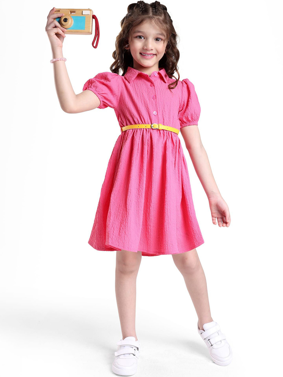 Hola Bonita Girls Textured Fit and Flare Shirt Collar Dress