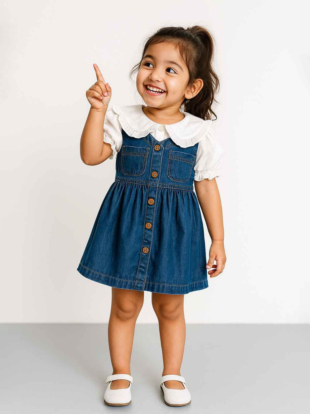 Lagorii Girls Classic Denim Pinafore Dress With Puff Sleeve Blouse