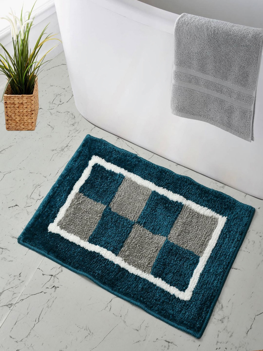 MAA HOME CONCEPT Teal Green & Grey Textured Anti-Skid Bath Rugs