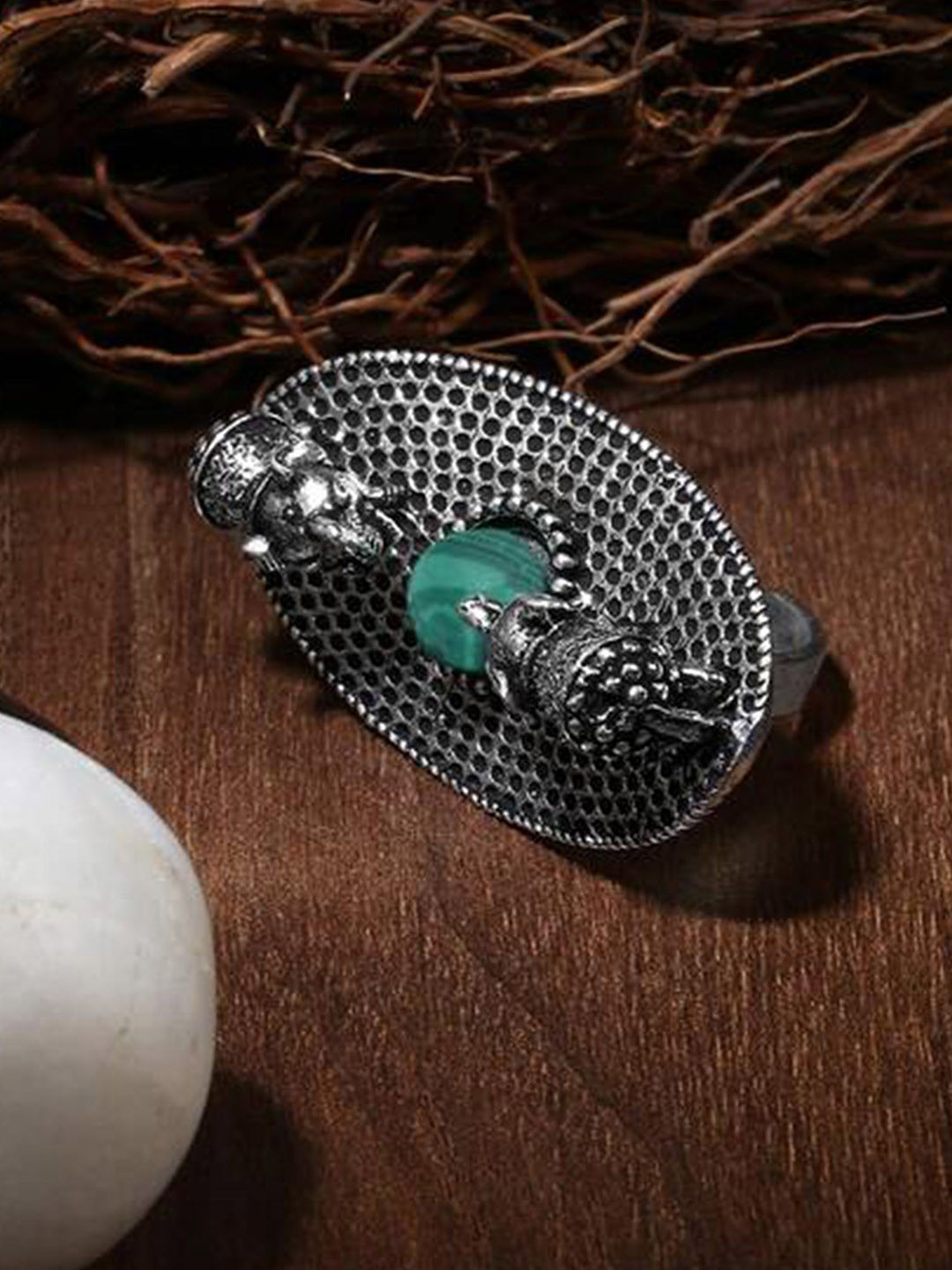 Adwitiya Collection Silver-Plated Elephant Stone Studded Finger Ring