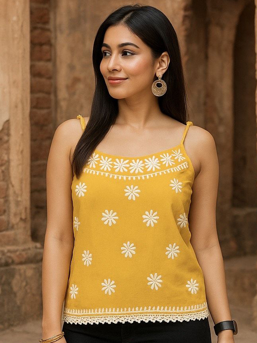 ADR CHIKAN  Women Ethnic Motifs Embroidered Noodle Strap Lace Inserts Modal Top