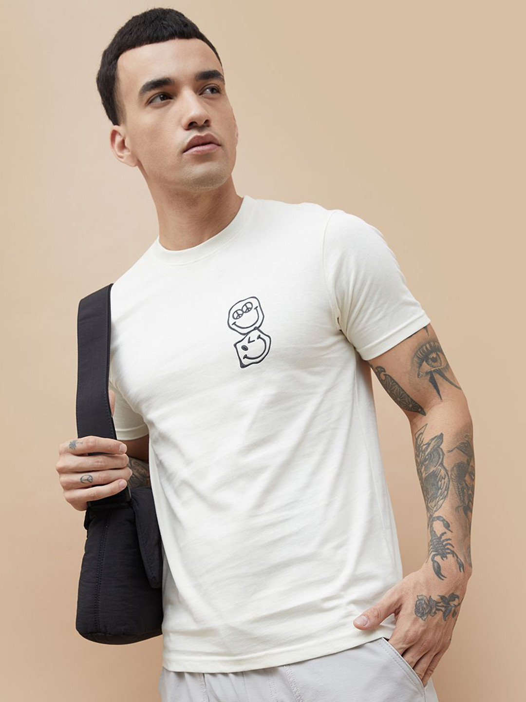 SmileyWorld Men Graphic Printed Round Neck Cotton Slim Fit T-shirt
