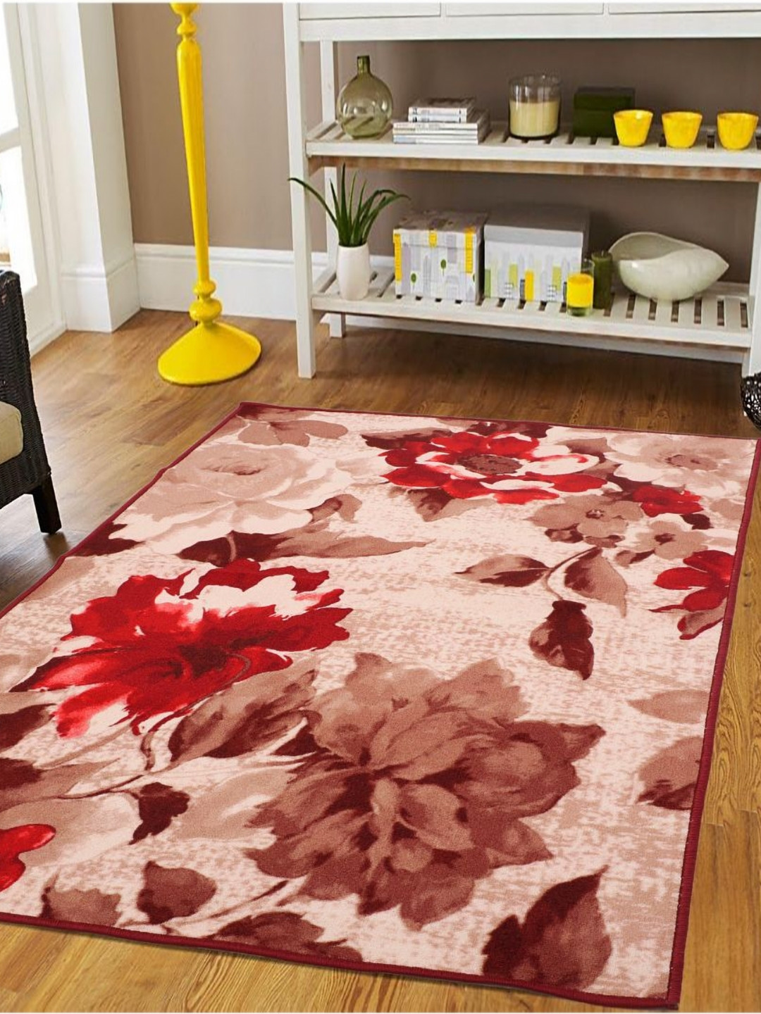 MODEFE Peach And Maroon Floral Light Anti-Skid Carpet