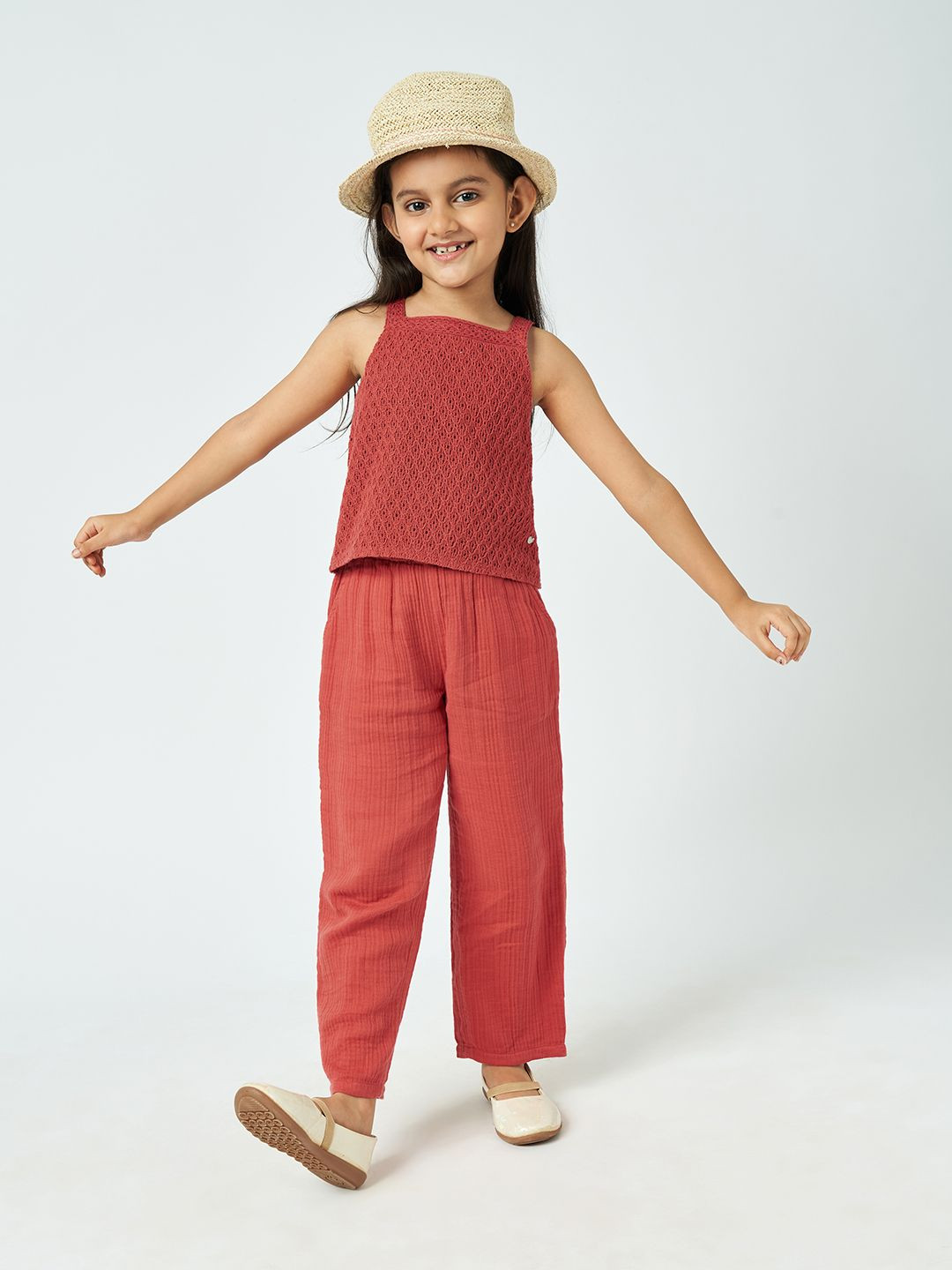 Ed-a-Mamma Girls Self Design Square Neck Pure Cotton Top With Trousers
