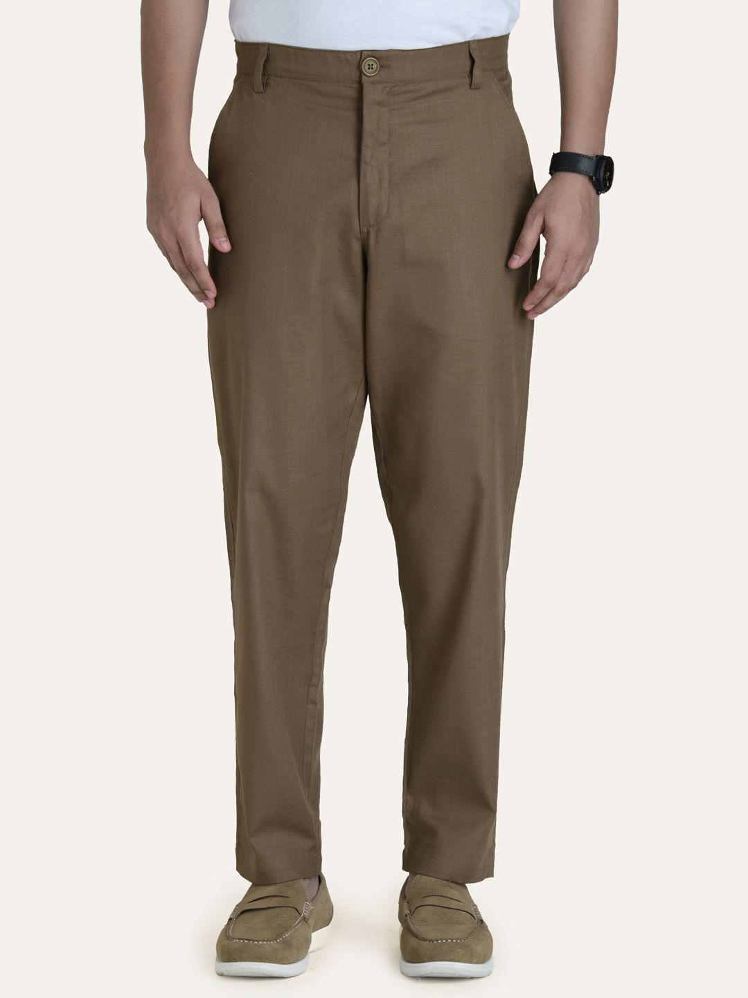 PERCH Men Relaxed Straight Leg Brown Solid Linen Trouser