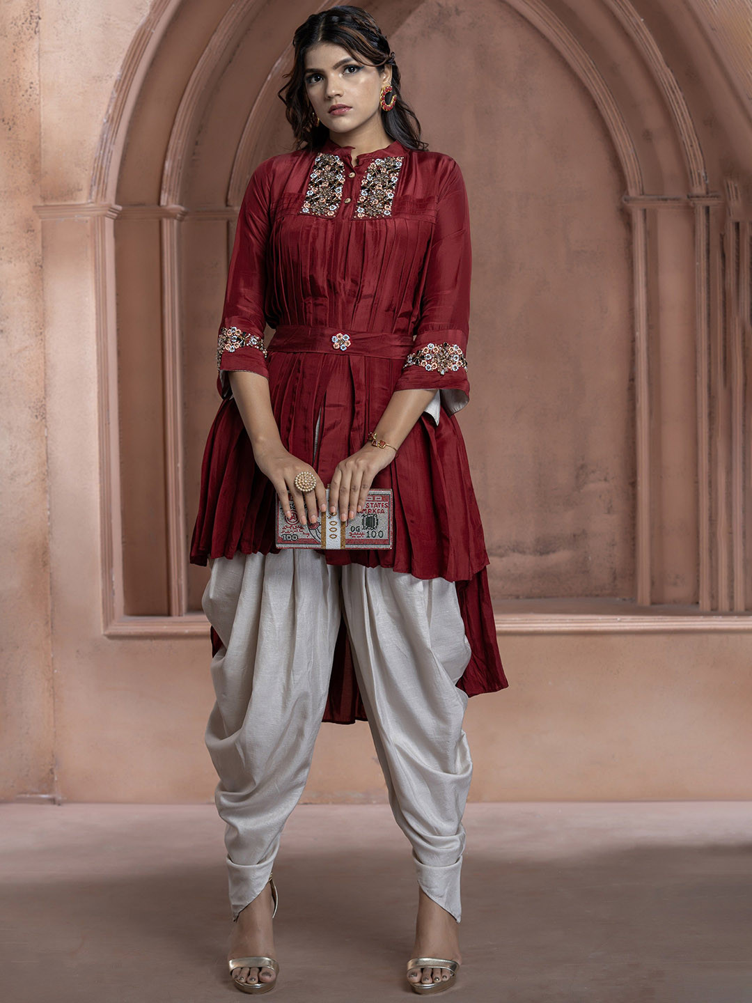 GloballyRonakRBafna Embellished Tunic & Dhoti Pants With Belt Indowestern Co-Ord Set