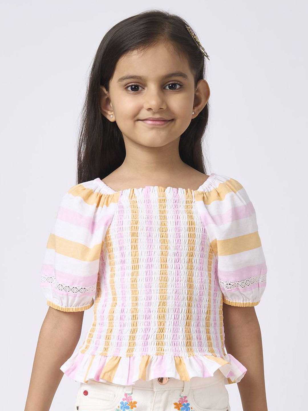 Ed-a-Mamma Girls Vertical Stripes Smocked Cotton Crop Top