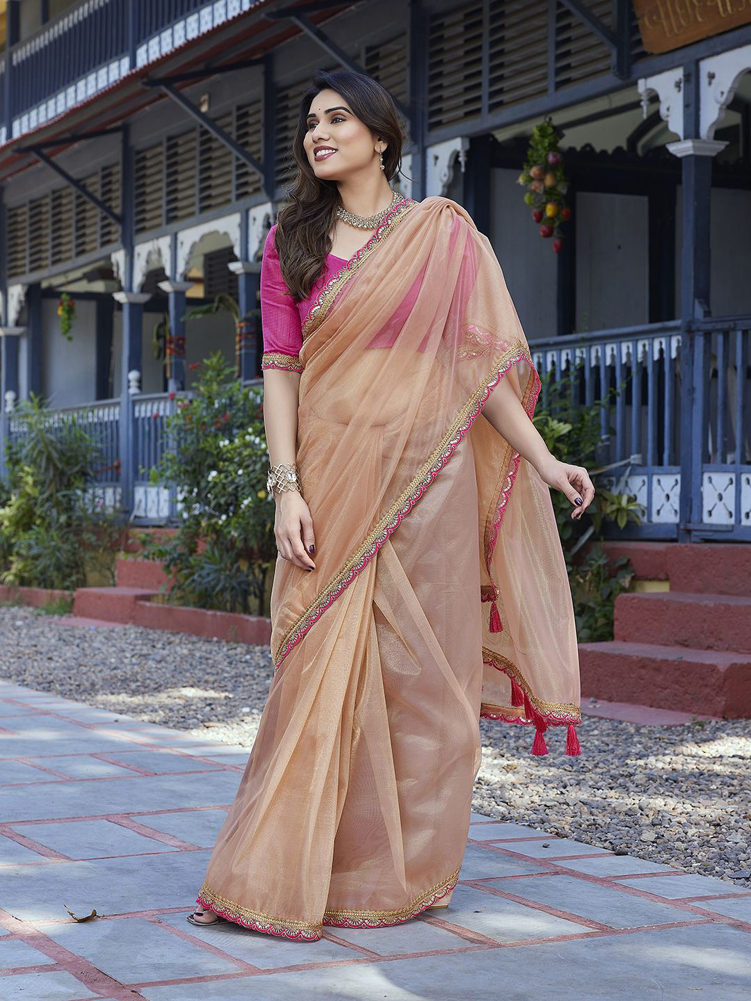 Lookmark Embroidered Border Beads and Stones Tissue Saree With Blouse Piece