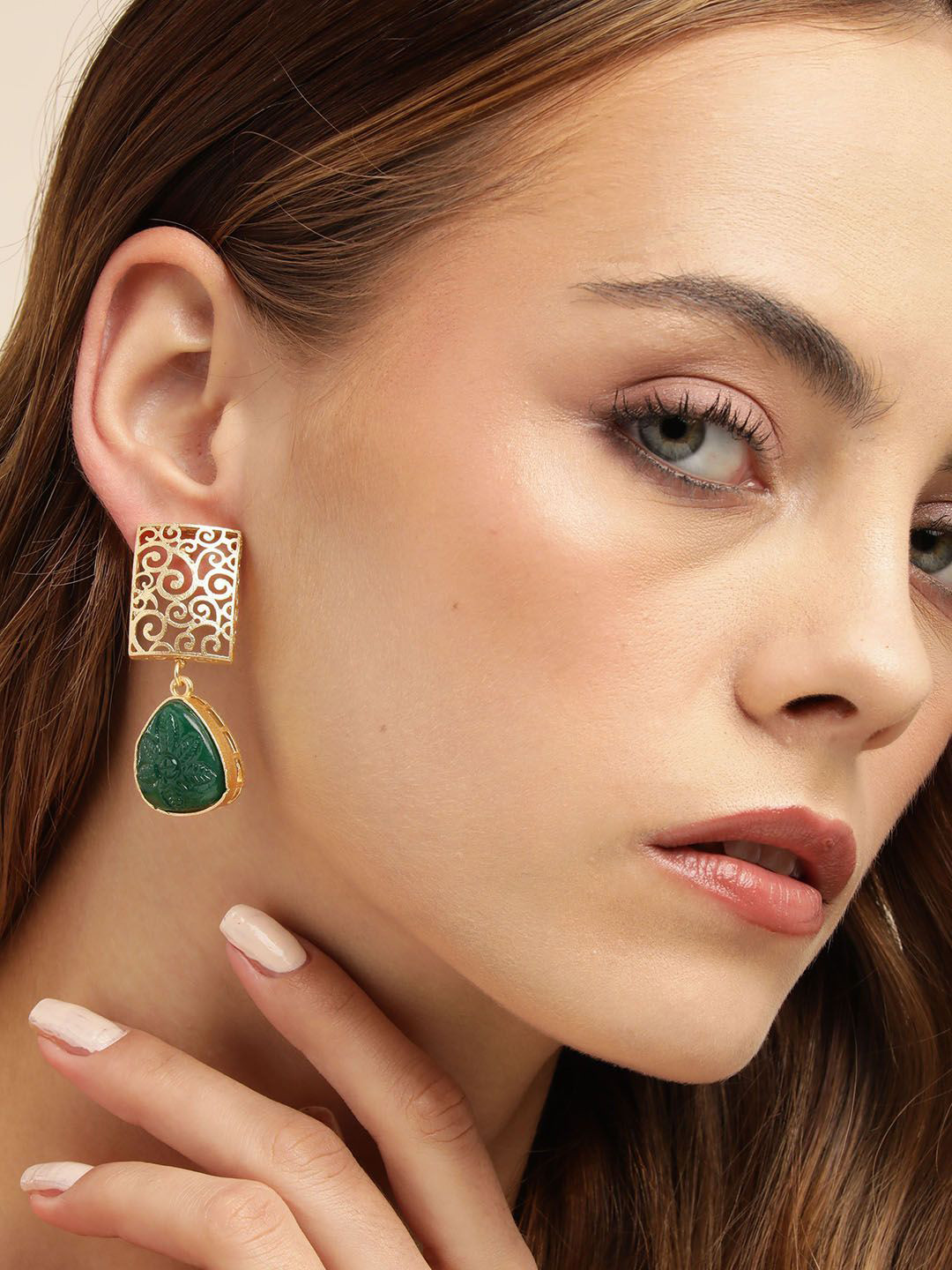 Anouk Gold-Plated Rectangular Shaped Artificial Stones Drop Earrings