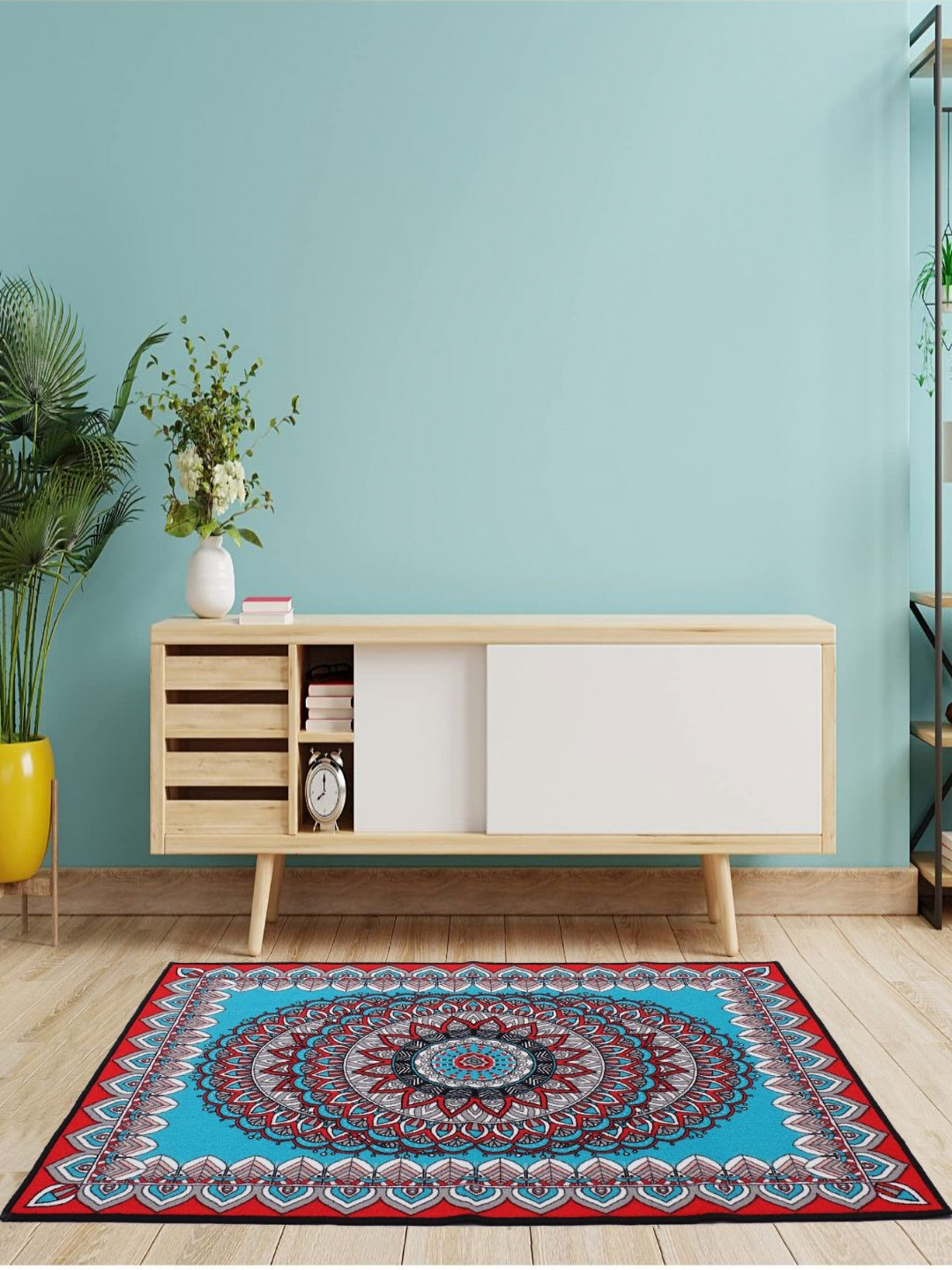 MODEFE Blue Ethnic Motifs Anti-Skid Loop Pile Nylon Carpet