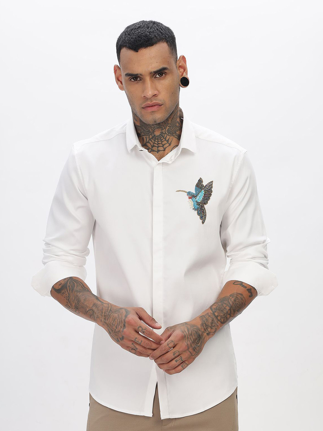 THREE DAYS Comfort Bird Embroidered Spread Collar Cotton Shirt