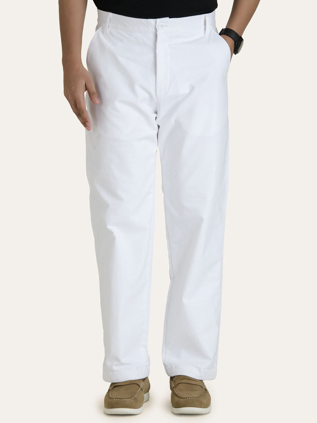 PERCH Men White Solid Linen Relaxed Straight Leg Regular Trousers