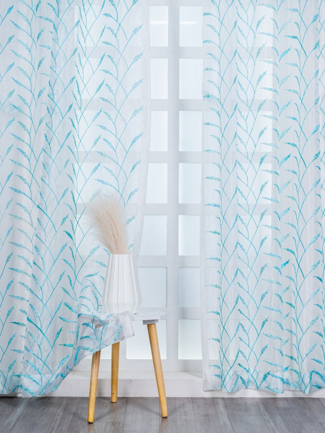 Parda Online Cotton White & Blue Embroidered Sheer Door Curtain