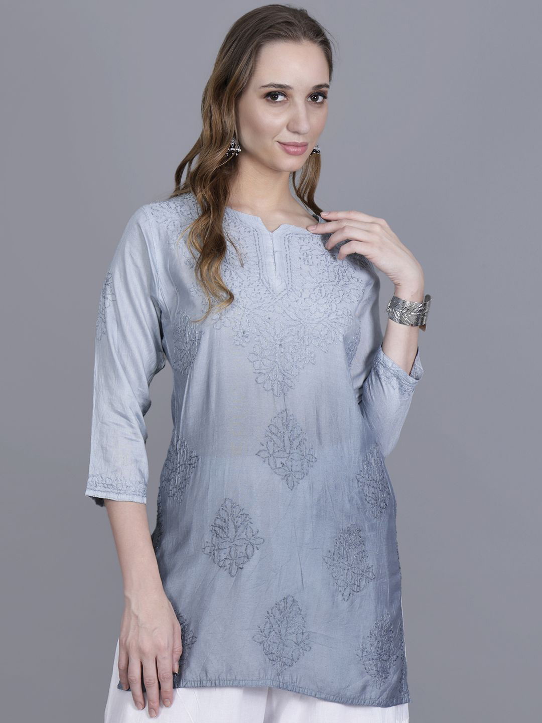 NAZAQAT ETHNIC INDIA Women Chanderi Chikankari Short Kurti