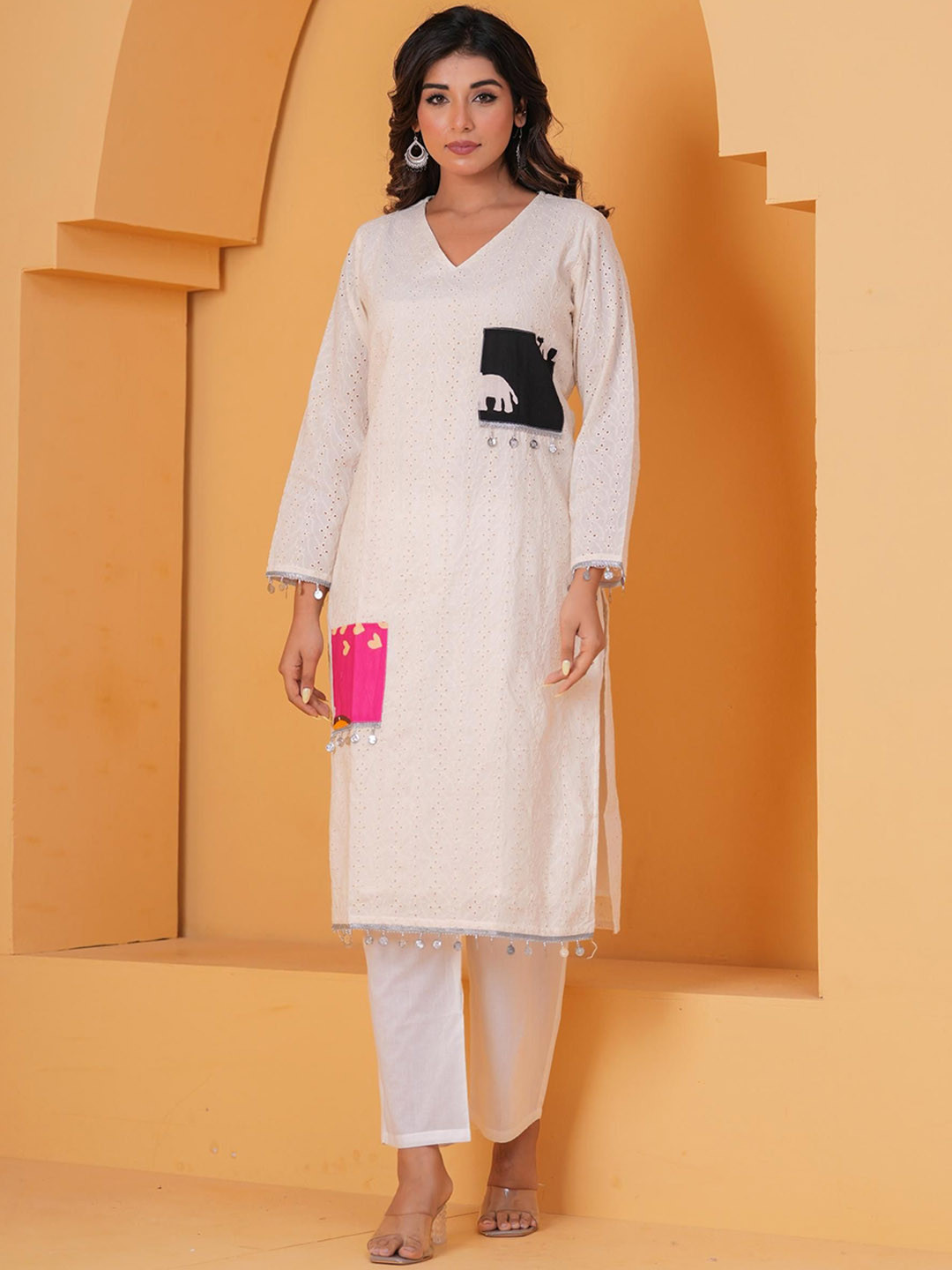 Coordnord V-Neck Patchwork Kurta With Trousers & Dupatta