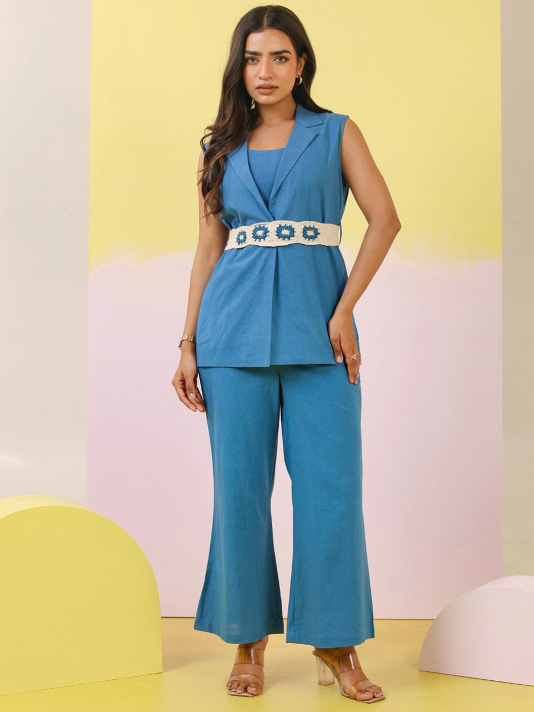 MISRI Pure Cotton Lapel Collar Blazer & Trousers With Crochet Belt Co-Ord Set