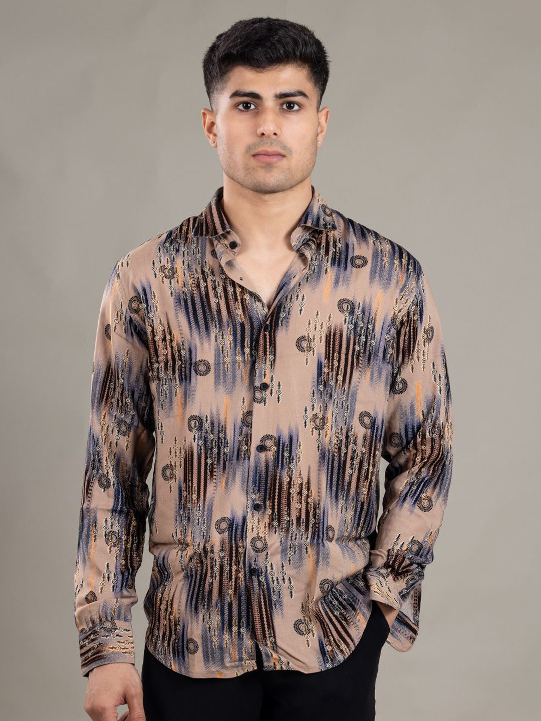 Suture Craft Relaxed 3D Tribal Brushstorm Printed Wrinkle Free Slim Fit Shirt