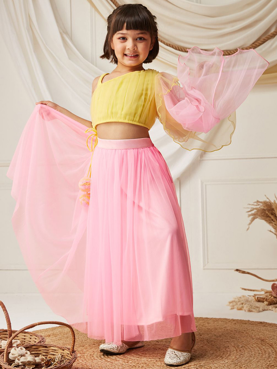 BAESD Kid's One Shoulder Ruffled Solid Tie-Up Midi Festive & Party Dress