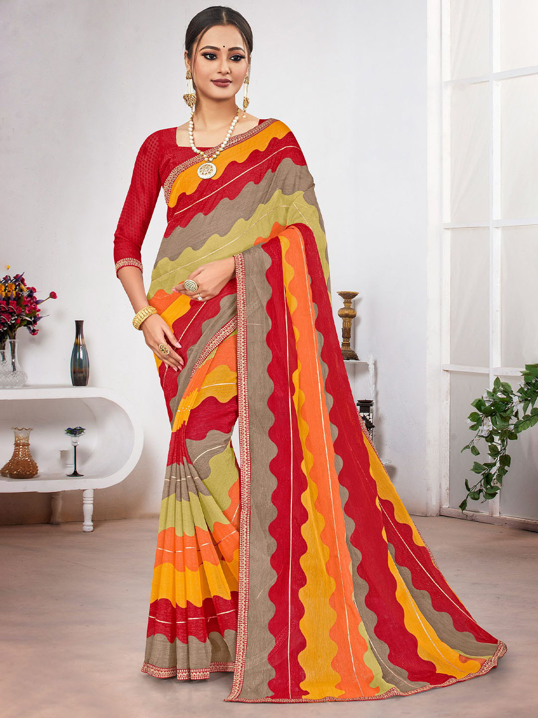Laxmipati Striped Wavy Printed Sequinned Saree