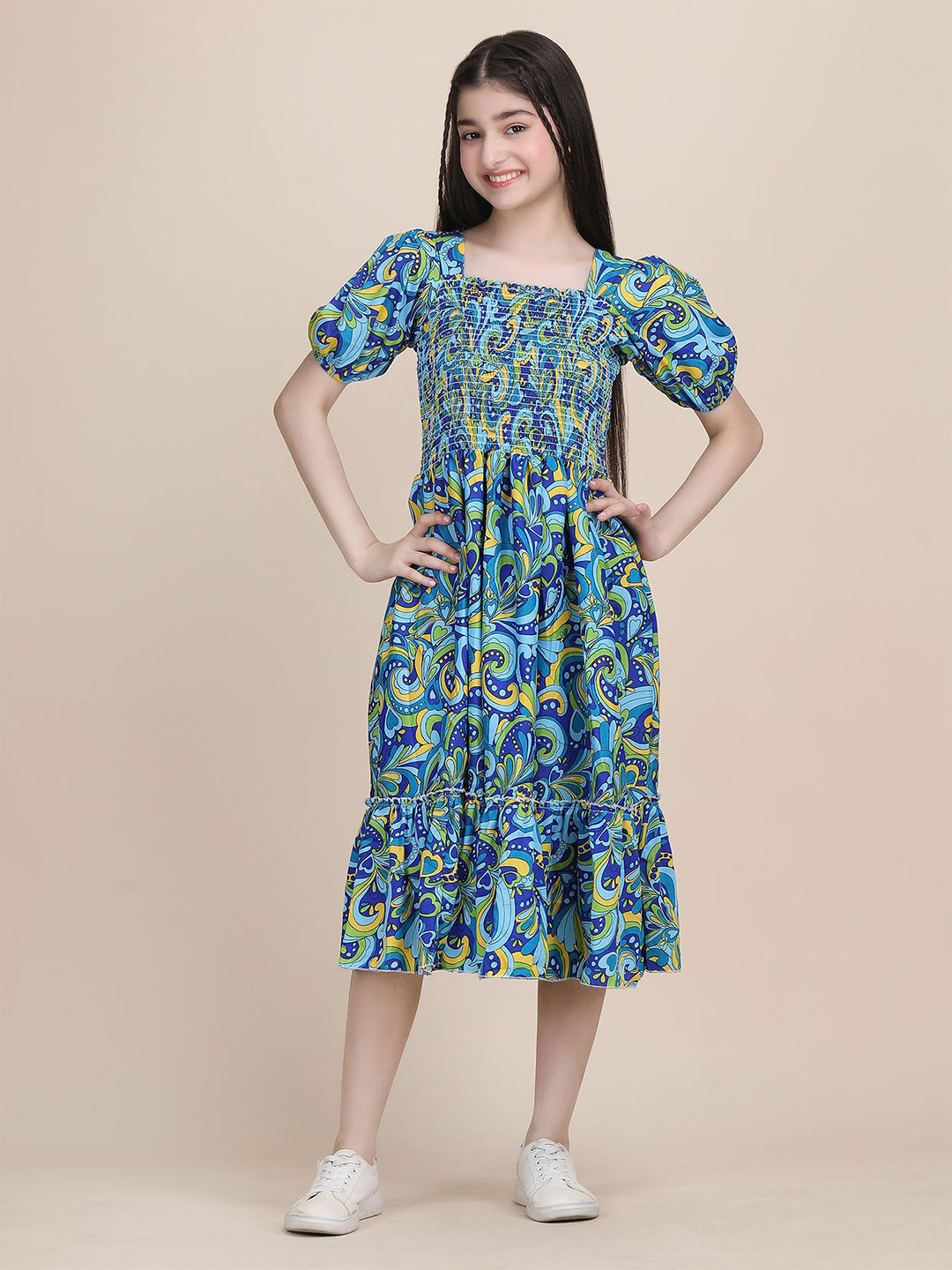 PTVIZE Girls Printed Puff Sleeve Sqiuare Neck Fit & Flae Midi Dress