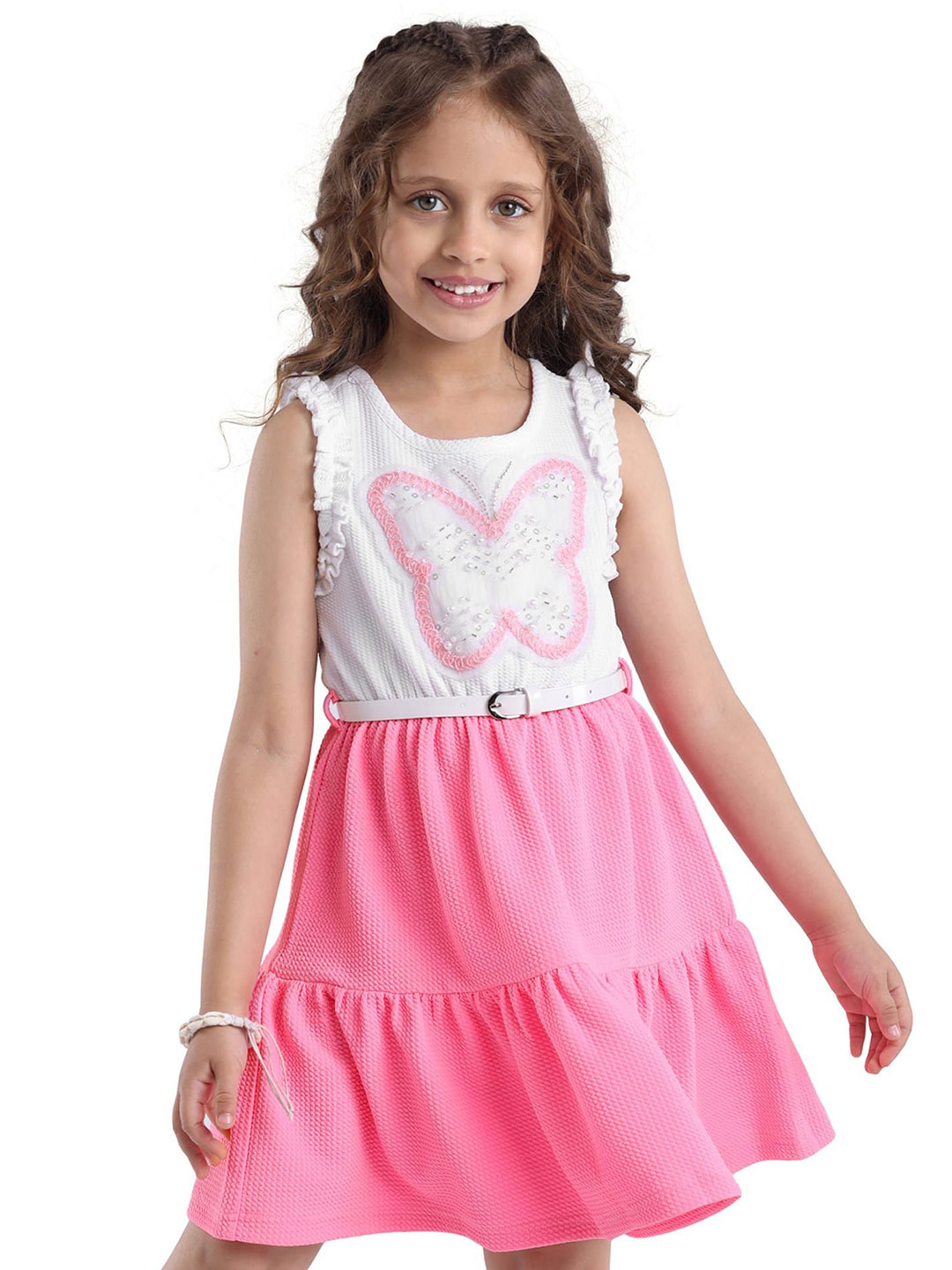 Hola Bonita Girls Sleeveless Fit & Flare Dress With Pearls & Sequin Detailing