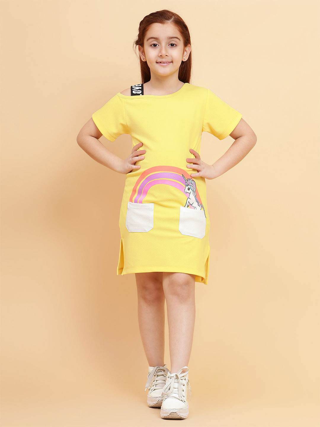 Lazy Shark Girls Rainbow Printed Half Sleeve A-Line Dress