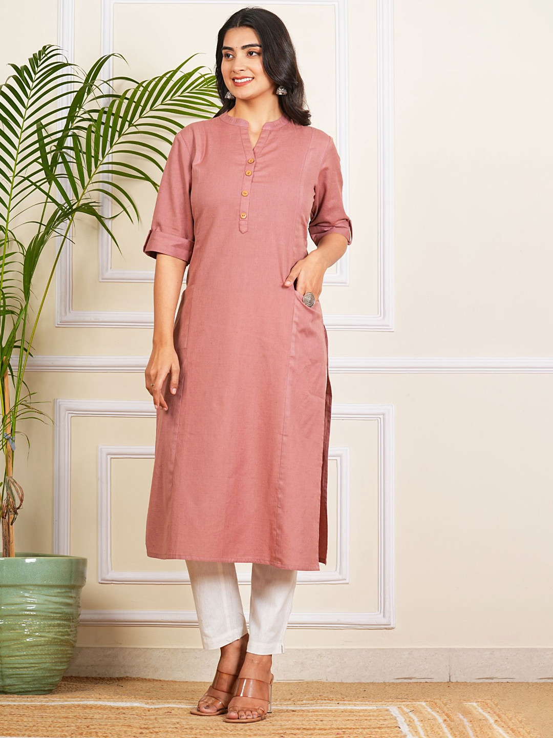 NUNCHII Dusty Rose Solid Cotton Kurti