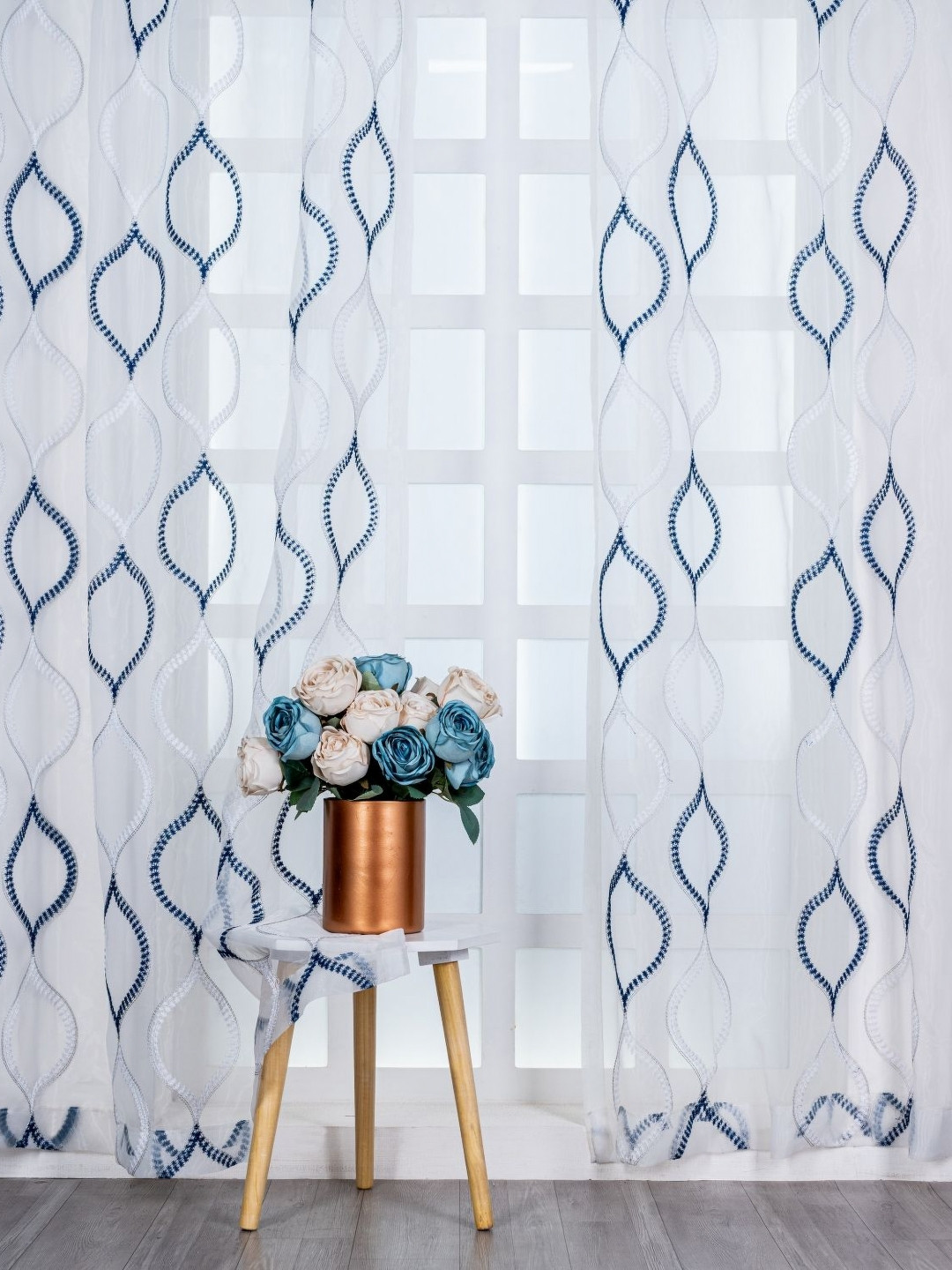 Parda Online White & Blue 2 Pieces Embroidered Sheer Door Curtains
