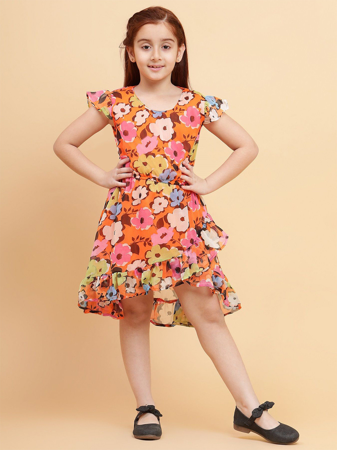 Lazy Shark Girls Floral Printed Flutter Sleeves Fit & Flare Dress