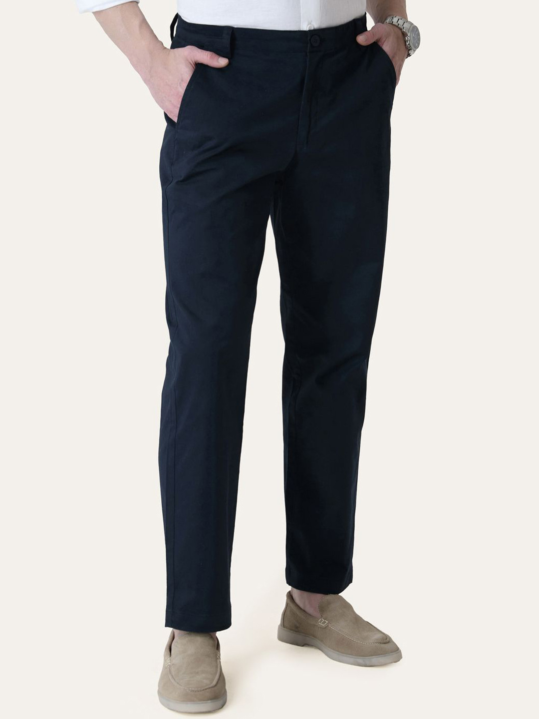 PERCH Men Urban Slim Fit Mid-Rise Chinos Trousers Navy Blue Solid Slim Fit Chinos