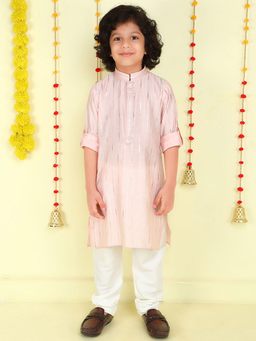 Ministitch Boys Printed Peach Striped Mandarin Collar Straight Kurta With Pyjamas Set